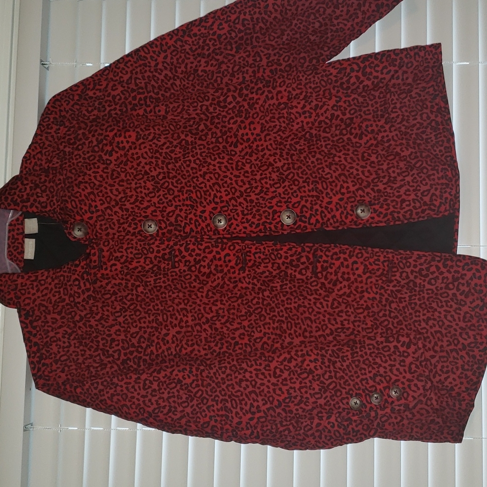 Chicos red and black animal print quilted jacket